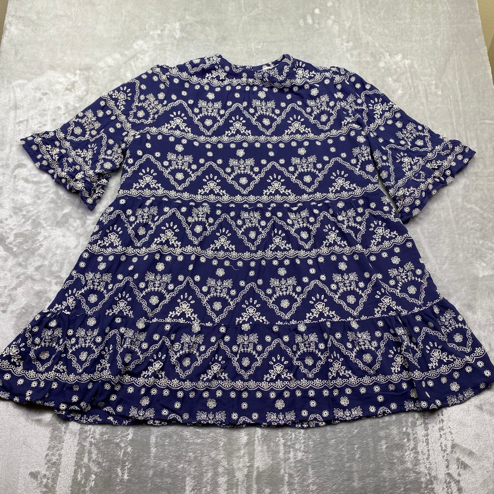 Penelope Rose Navy Blue White Pattern Tiered Ruffle Sleeve Dress 2X Cottagecore